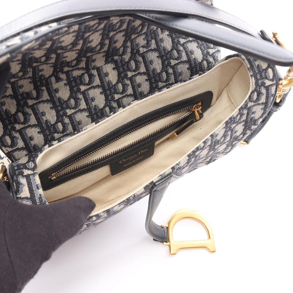 Dior Saddle Bag Oblique Jacquard Canvas Leather Handbag Beige Tan Navy Blue - Picture 3 of 8